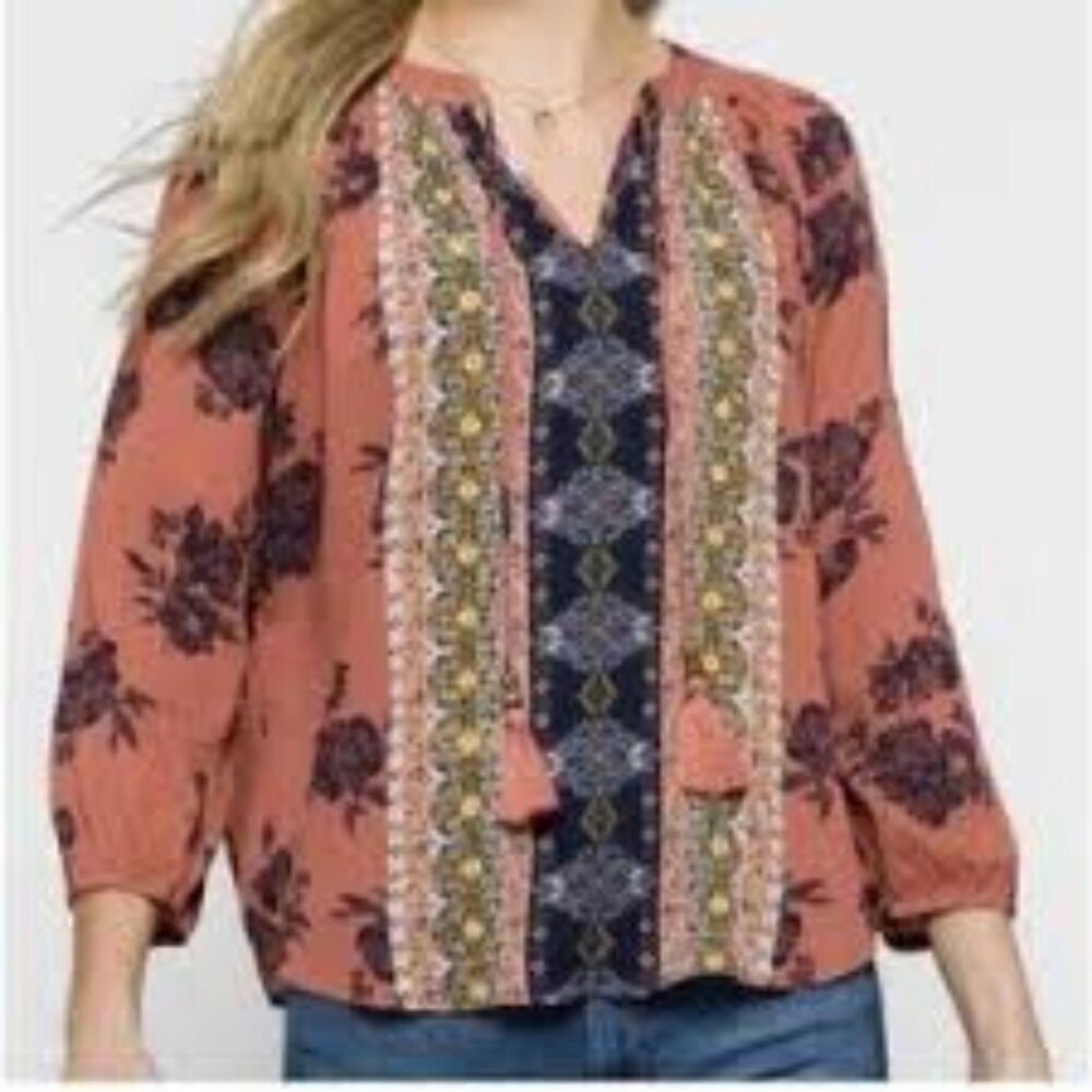 Mason & Belle Size S Casey Tassel Detail Blouse, Multi-Pattern Boho